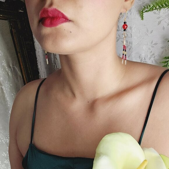 2/$27 | Red + Black Beaded Indigenous Native Fringe Earrings | Handmade - Picture 4 of 6